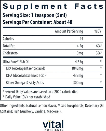 Vital Nutrients - Ultra Pure Fish Oil 2600 (Pharmaceutical Grade) - Hi-Potency Deep Sea Liquid Fish Oil, Cardiovascular Support, Natural Lemon Flavor - 8 Fl Oz per Bottle