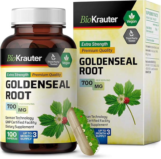 BIO KRAUTER Goldenseal Root Capsule 700 mg - 100 Golden Seal Powder Caps - Respiratory & Digestive Support - Vegan, No Fillers