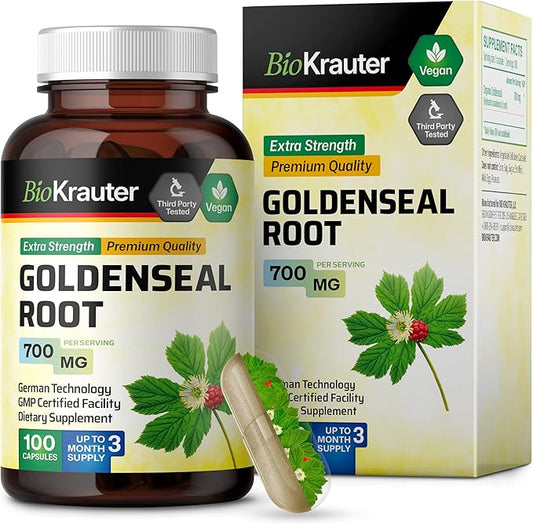 BIO KRAUTER Goldenseal Root Capsule 700 mg - 100 Golden Seal Powder Caps - Respiratory & Digestive Support - Vegan, No Fillers
