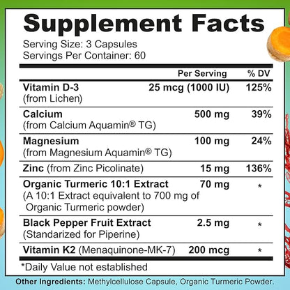 Plant-Based Calcium 500mg (Aquamin) – Vegan Calcium Magnesium Zinc D3 with Vitamin K2 & Organic Turmeric – Enhanced Bone and Muscle Health & Strength, Immune Support for Women & Men - 180 Count