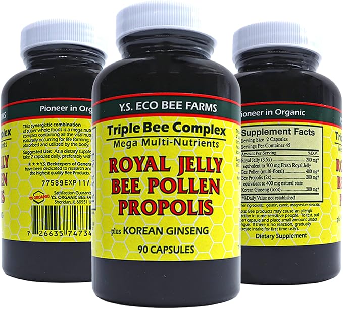 Worldwide Nutrition Y.S. Eco Bee Farms Triple Bee Complex Royal Jelly Bee Pollen Propolis with Korean Ginseng - Health and Wellness Organic Bee Pollen Supplement - 90 Ct w/Multi Purpose Key Chain