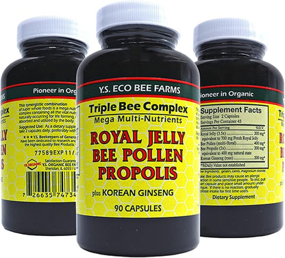 Worldwide Nutrition Y.S. Eco Bee Farms Triple Bee Complex Royal Jelly Bee Pollen Propolis with Korean Ginseng - Health and Wellness Organic Bee Pollen Supplement - 90 Ct w/Multi Purpose Key Chain