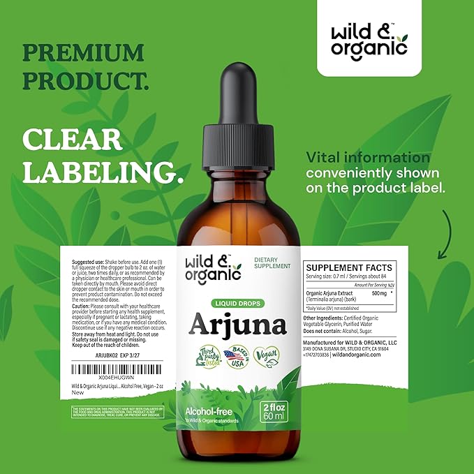 Wild & Organic Arjuna Tincture - Overall & Antioxidant Support Supplement - Terminalia Arjuna Bark Extract Drops - Vegan, Sugar & Alcohol-Free - 2 fl oz