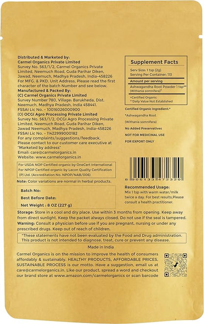 CARMEL ORGANICS Organic Ashwagandha Root Powder (8 Oz or 227g/0.5 Lbs) USDA Certified. Lab Tested, Non GMO & Gluten Free | Withania Somnifera from India