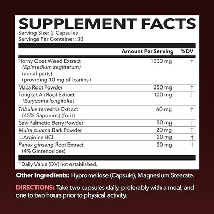 Horny Goat Weed Capsules for Men & Women - Extra Strength Performance & Energy Support with Tongkat Ali, Muira Puama, and Saw Palmetto - 1 Month Supply Herbal Supplement for Increased Endurance