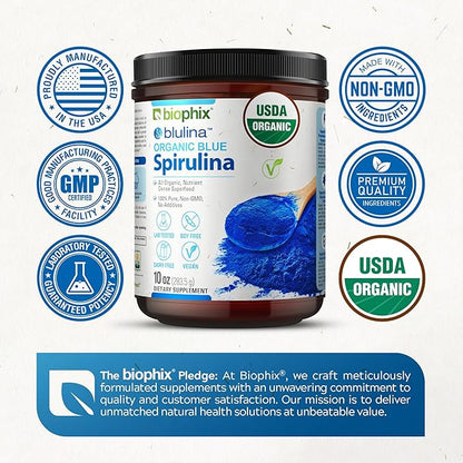 biophix Blue Spirulina Powder Organic Blulina 10 oz - Algae Organic Spirulina Powder 283 Servings - Superfood Supplement - Natural Blue Pigment - Espirulina en Polvo Organica Pura Azul