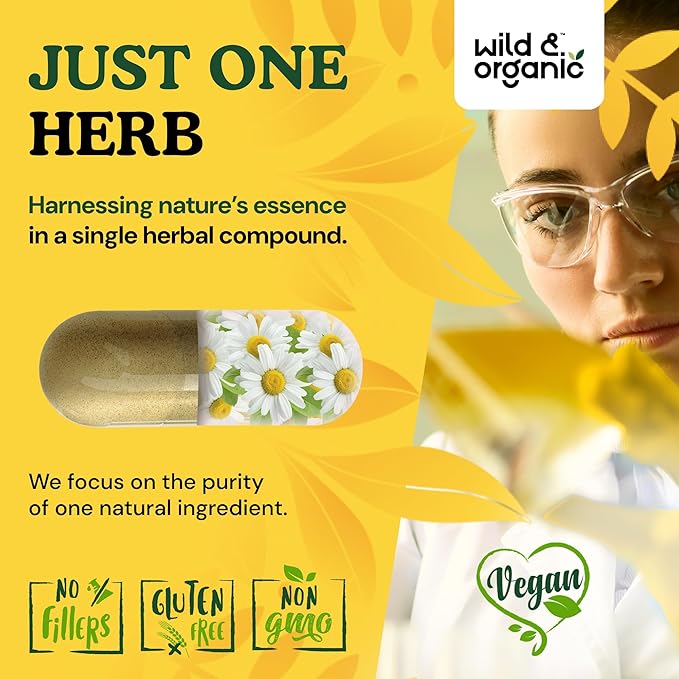 Wild & Organic Chamomile Capsules 800 mg - Relaxation & Digestive Support - Herb Chamomile Powder Supplement - Matricaria Recutita Flower - Vegan, No Fillers, Non-GMO - 90 Count