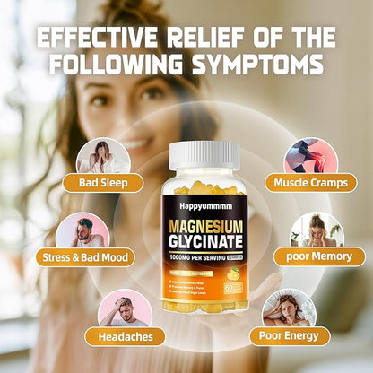 Magnesium Glycinate Gummies 1000mg - Sugar Free Magnesium Potassium Supplement with Vitamin D, B6, CoQ10 for Calm Mood & Sleep Support - 120 Orange Gummies.