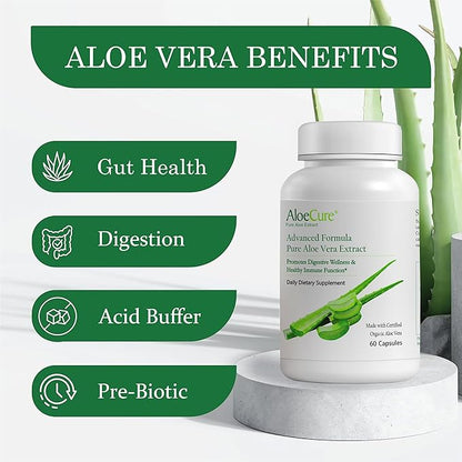 AloeCure Organic Aloe Vera Capsules, 130,000mg Inner Aloe Leaf Equivelant per Serving, Support Gut, Digestive, & Immune Health, Helps Maintain Balanced Stomach Acidity, Aloin Free, 60Caps x 3Btl