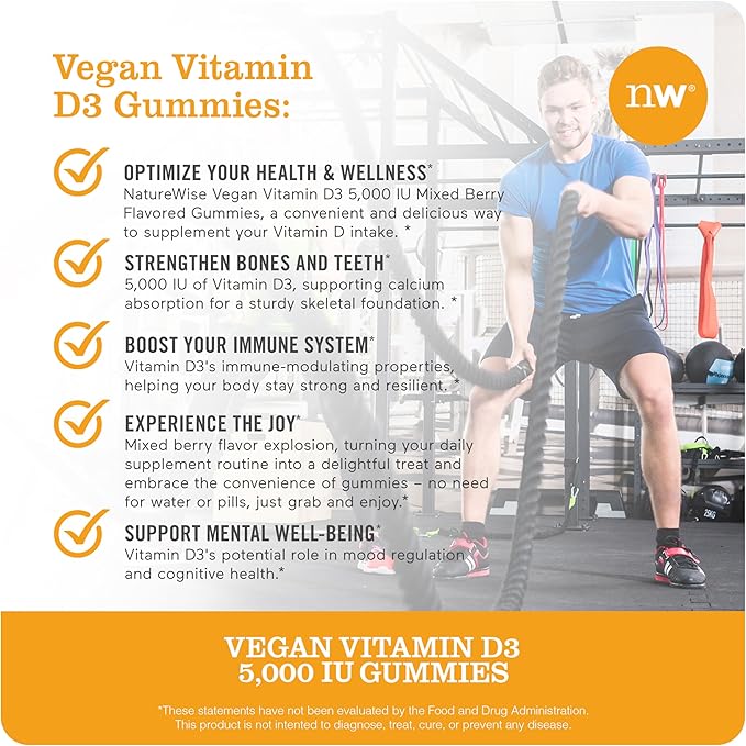 NatureWise Vitamin D3 5000 IU Gummies - Mixed Berry Flavor - Vegan D from Lichen, Pectin Based, Immune Support for Adults, Muscle & Bone Strength - Gluten Free, Non-GMO - 60 Count[1-Month Supply]