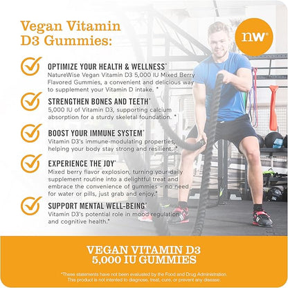 NatureWise Vitamin D3 5000 IU Gummies - Mixed Berry Flavor - Vegan D from Lichen, Pectin Based, Immune Support for Adults, Muscle & Bone Strength - Gluten Free, Non-GMO - 90 Count[45-Day Supply]