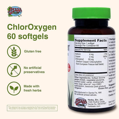 Herbs Etc. ChlorOxygen Chlorophyll Concentrate - Aids Healthy Blood Circulation - High-Altitude Environment Support - Energy Support - 60 Softgels (60 Servings)