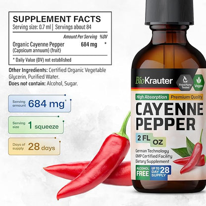 BIO KRAUTER Cayenne Pepper Drops - Liquid Cayenne Pepper Supplements - Natural Capsaicin Extract for Digestive Support - Pure Formula - Vegan Sugar & Alcohol Free - 2 Fl. Oz.