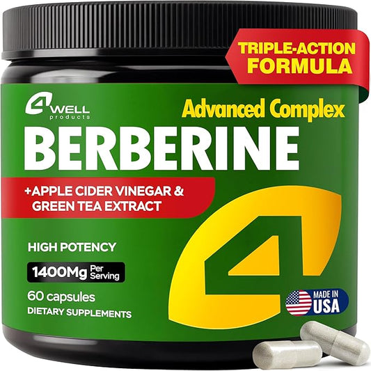 Advanced Berberine HCL Supplement 1400mg Complex - Triple-Strength Blend with Apple Cider Vinegar & Green Tea Extract - Body Composition Support, Digestive Health, Support Heart Health, Immune System