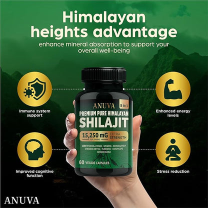 Anuva Pure Premium Himalayan Shilajit 15,250mg, with Ashwagandha, Cordyceps Mushroom, Turmeric, Ginseng, Gingko Biloba, Stinging Nettle, 60 Vegetarian Capsules | Shilajit for Men, Shilajit for Women