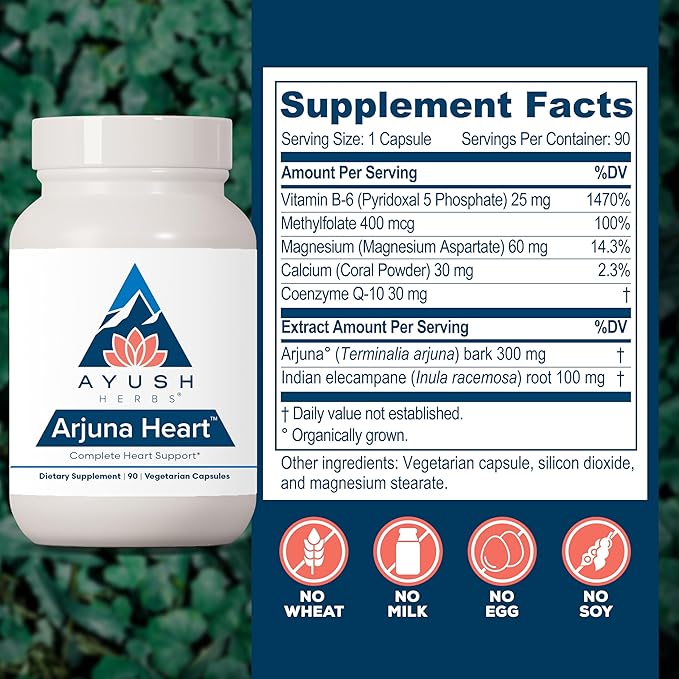 Ayush Herbs Arjuna Heart - Complete Heart-Support Supplement, Natural Arjuna, Magnesium & CoQ10 Formula for Women & Men - 90 Vegetarian Caplets (1 Count)