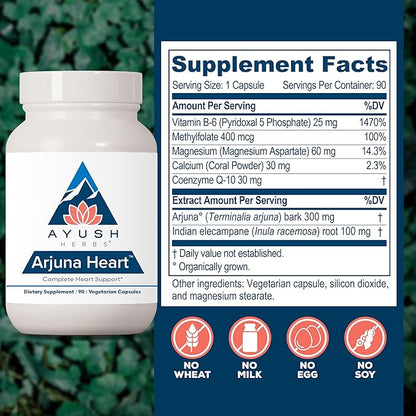 Ayush Herbs Arjuna Heart - Complete Heart-Support Supplement, Natural Arjuna, Magnesium & CoQ10 Formula for Women & Men - 90 Vegetarian Caplets (1 Count)