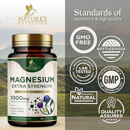 Magnesium Supplement (Citrate Oxide) 1000mg for Best Absorption, Supports Bone, Heart Health, Nerves, Muscles & Metabolism, Nature's Pure Magnesio Vitamin Pills, Bottled in USA, 60 Capsules