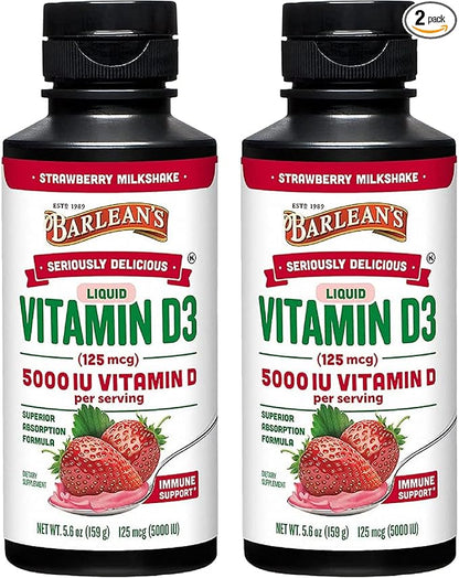 Barlean's Pack of 2 Liquid Vitamin D Supplement for Kids and Adults with 5000 IU D3, Strawberry Milkshake Flavored Sugar Free Vitamins for Children, 5.6 oz Each