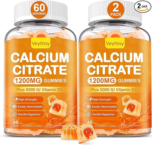 Calcium 1200 mg with Vitamin D3 Gummies for Adults - Calcium Citrate with Vitamin D3 5000iu for Ultimate Absorption - Calcium Supplement for Women Men - Sugar Free, Non-GMO, Natural Strawberry Flavor