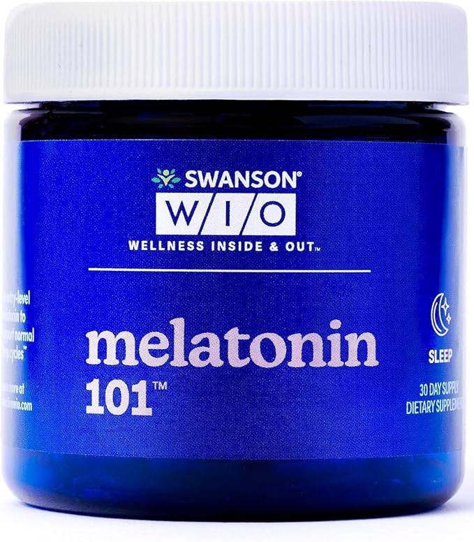 Swanson WIO melatonin 101 for Better Sleep, Relax, Relaxation, Circadian Sleep Cycle Support, 3 mg Melatonin, Wellness - 4 oz Bottle, 30 Capsules (30-Day Supply)