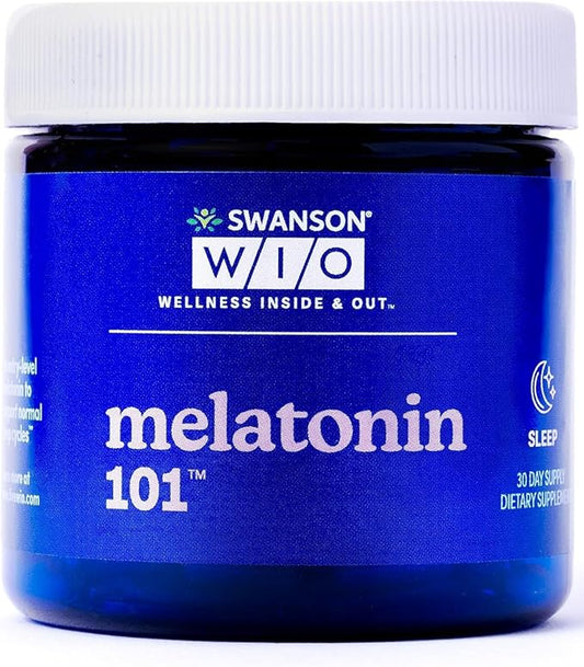 Swanson WIO melatonin 101 for Better Sleep, Relax, Relaxation, Circadian Sleep Cycle Support, 3 mg Melatonin, Wellness - 4 oz Bottle, 30 Capsules (30-Day Supply)