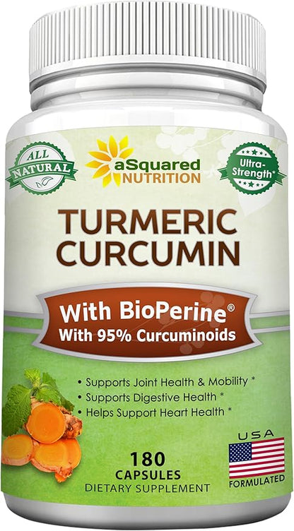 aSquared Nutrition Turmeric Curcumin 1300mg with BioPerine Black Pepper Extract - 180 Capsules - with 95% Curcuminoids, 100% Natural Tumeric Root Powder Supplements, Pure & Joint Stiffness Pills