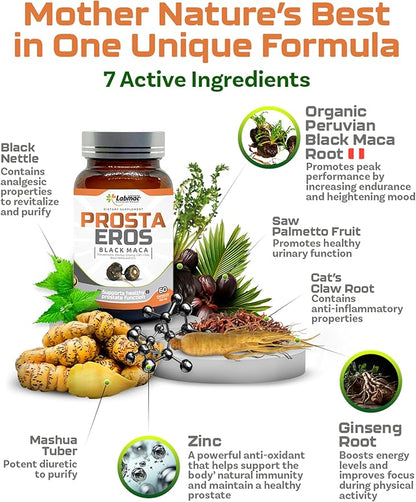 ProstaEros- Prostate Support Supplement - 7 Natural Ingredients - Black Maca, Saw Palmetto, Mashua, Cat's Claw, Gingseg, Black Nettle and Zinc Capsules 90 Count (Pack of 1)