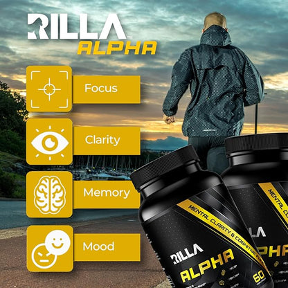 RILLA, Alpha Nootropic Brain Supplement for Focus Clarity Memory Mood, 8 Mushroom Blend, Ginkgo Biloba, Ashwagandha, Magnesium for Natural Energy, Memory, Caffeine-Free for Concentration