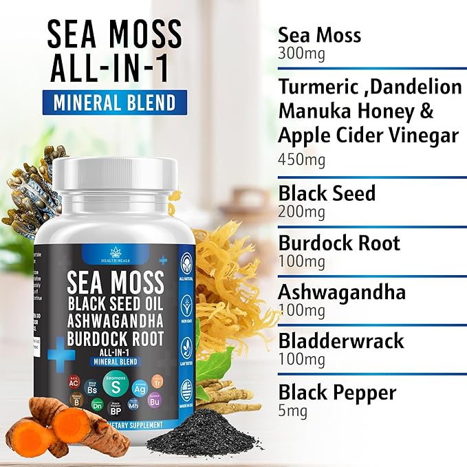 Silicon Sea Moss Black Seed Oil Ashwagandha Bladderwrack Burdock - 180 Count