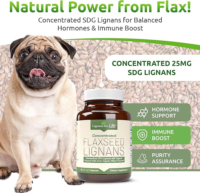 Lignans For Life Flaxseed Lignans for Dogs + SDG - Omega 3 Fatty Acids, High Fiber Antioxidants - Helps Improve Shiny Coat, Digestive & Heart Health Flax Seed for Dogs, 90 Flaxseed Capsules, 2 Pack