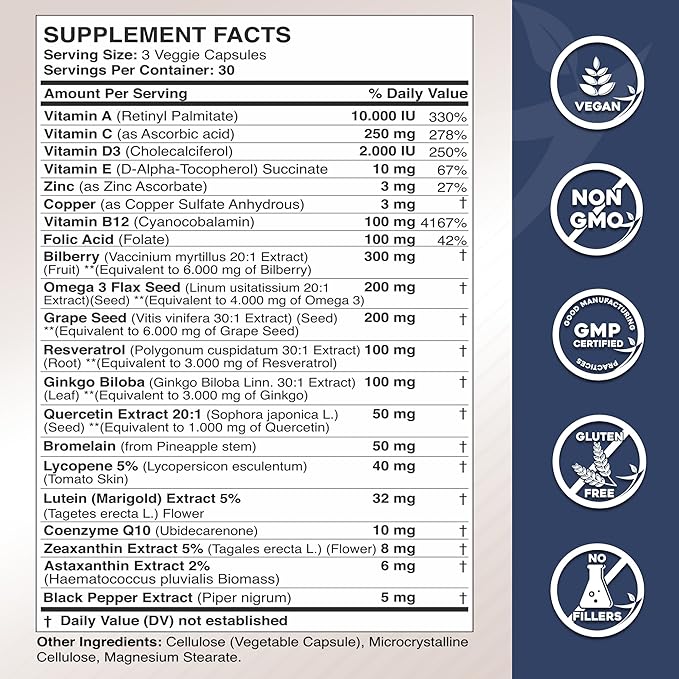 Gade Nutrition Lutein and Zeaxanthin Supplements | Astaxanthin, Omega 3, Resveratrol, Bilberry, Lycopene, Quercetin, Ginkgo Biloba, Vitamin D - Eye Health Vitamins, Eye Support, Health Vision Formula