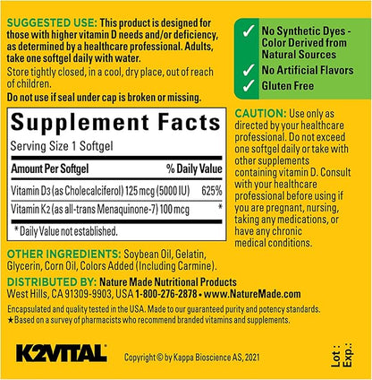 Nature Made Vitamin D3 K2, 5000 IU (125 mcg) Vitamin D, Dietary Supplement for Bone, Teeth, Muscle and Immune Health Support, 30 Softgels, 30 Day Supply