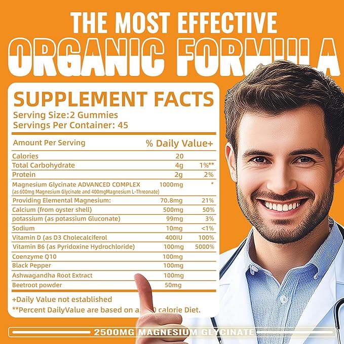 Magnesium Glycinate Gummies- Sugar Free Magnesium Potassium Supplement with Vitamin D, B6, CoQ10 for Calm Mood & Sleep Support - 90 Orange Gummies