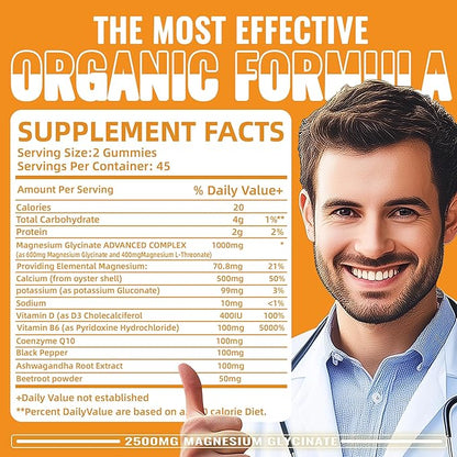 Magnesium Glycinate Gummies- Sugar Free Magnesium Potassium Supplement with Vitamin D, B6, CoQ10 for Calm Mood & Sleep Support - 90 Orange Gummies