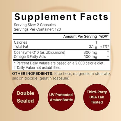 CoQ10 (Ubiquinone) 300mg with Omega 3, 240 Capsules - 120 Day Supply | Stable High Absorption Form – Antioxidant Support for Heart & Energy Health – Extra Strength Coenzyme Q10 Supplement