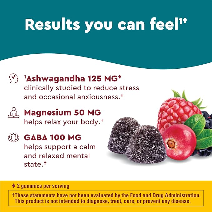 Nature Made Wellblends Calm Mind & Body, Magnesium Citrate, Ashwagandha 125mg & GABA 100mg Blend for Stress Relief, 38 Gummy Vitamins