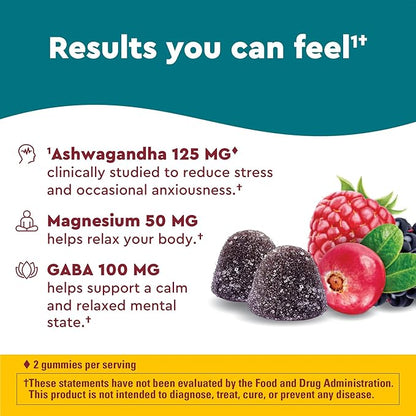 Nature Made Wellblends Calm Mind & Body, Magnesium Citrate, Ashwagandha 125mg & GABA 100mg Blend for Stress Relief, 38 Gummy Vitamins