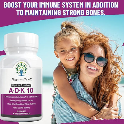 ADK 10 Supplement - Potent A, K2 & D3 Vitamin Supplement 10000 IU for Bone, Heart & Immune Support - 90 Count Easy-to-Swallow Vitamin ADK Supplement Capsules (3 Month Supply)