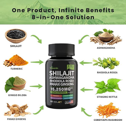 Shilajit and Ashwagandha Capsules, 8-in-1 Herbal Multivitamin for Men and Women, with Rhodiola Rosea, Ginseng, and Stinging Nettle, Shilajit for Men and Women