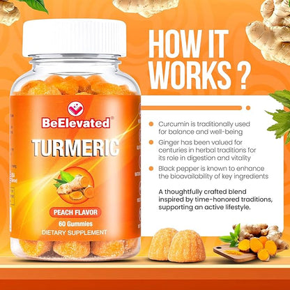 Curcumin Turmeric Gummies – Extra Strength 2000mg 8:1 Extract Turmeric Supplement Gummies with Black Pepper & Ginger – Vegan Non-GMO Joint Support Chewables – Peach Flavor, 60 Count