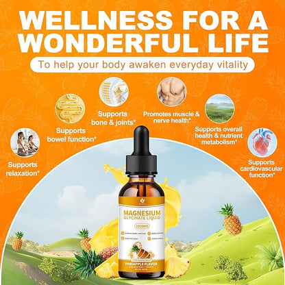 Magnesium Glycinate Liquid Drops. High Absorption Magnesium Liquid Supplement, with Cellulose Fiber, Vitamin B6, C, D, Zinc,for Sleep, Nerve, Energy, Muscle, Bone, Calm & Digestion, 2 Fl oz