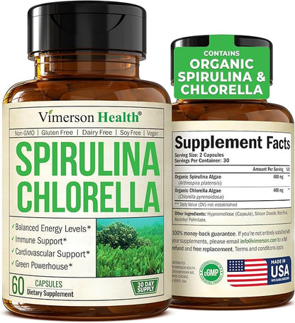 Organic Spirulina and Chlorella Capsules - Spirulina Capsules with Chlorella Powder for Immune, Antioxidant & Energy Support. Nutritious Super Green. Vegan & Non-GMO. Third Party Tested. 60 Caps