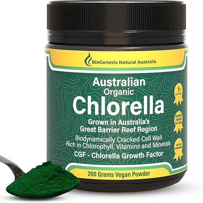 Organic Chlorella, Australian | Advanced BioDynamic Cracked Cell Wall | Chlorophyll-Rich, Vitamins, Minerals, CGF | Supports Good Health, Wellbeing | 200g Powder