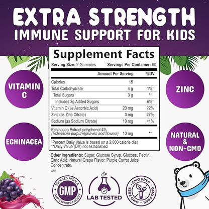 Kids Immune Support Gummy - Vitamin C, Zinc & Echinacea, Berry Flavor Children's Daily Immune Health Support Gummies for Ages 4 and Up, Nature's Vitamins for Kids, Vegan & Non-GMO - 120 Gummies