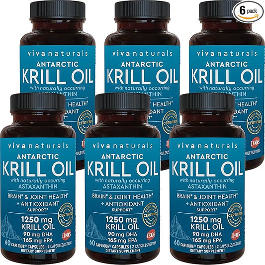 Antarctic Krill Oil 1250 mg, Omega 3 EPA DHA and Astaxanthin, Joint Support and Brain Supplement with Antioxidant Properties, No Fishy Aftertaste (6 Pack)