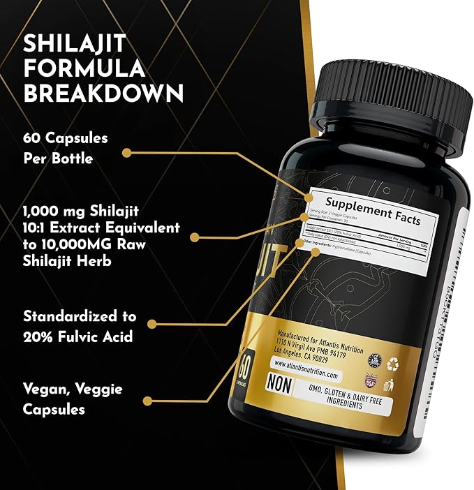 Atlantis Nutrition Himalayan Shilajit Capsules Formulated with 20% Fulvic Acid | 10:1 Extract Providing 10,000mg D.H.E. | USA Made | Himalayan Shilajit Supplement for Men & Women | 60 Capsules