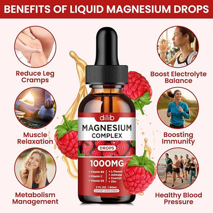 Triple Magnesium Complex Supplement, Magnesium Glycinate, threonate, Citrate Liquid Drops 1000mg with Ashwagandha, CoQ10, Vitamin B6, C, D, Zinc - Vegan Raspberry Flavor