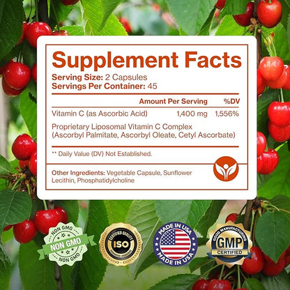 Pure Micronutrients Pure Liposomal Vitamin C - 1400mg Per Serve Supplement - 90 Capsules - High Absorption VIT C Ascorbic Acid Pills