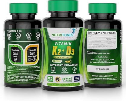 Vitamin K2 + D3 - Supports Heart, Bone & Immune Health - 100 mcg K2 (MK-7) & 5000 IU D3 - Non-GMO, Free from Gluten, Soy, & Lactose - 120 Softgels, 4-Month Supply